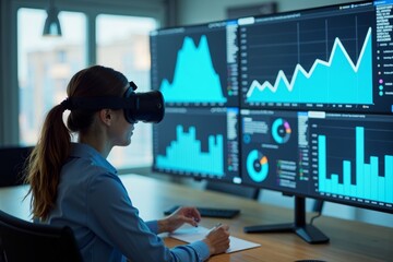 Entrepreneur viewing virtual financial data at desk.
