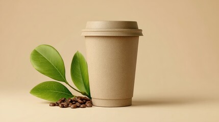 Eco-Friendly Coffee Cup Sustainable Design Meets Daily Routine with coffe beans and green leaves