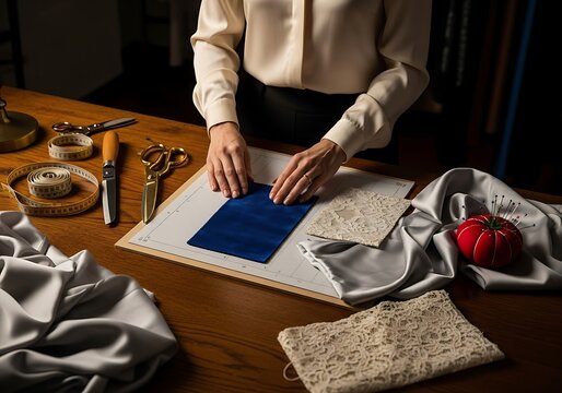 A Fashion Designer Or Tailor Arranges Blue, Silver, And Lace Fabric Swatches On A Wooden Table With Sewing Tools, Fashion Design, Craftsmanship, Bespoke Tailoring