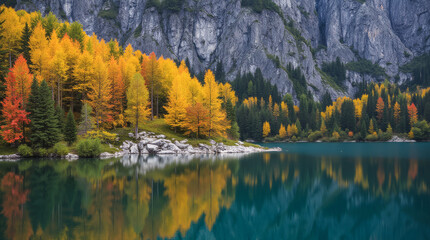Lake Nembia in Autumn Italy — Alpine Lake Glowing with Mirrored Yellow and Red Trees Beneath Rocky Cliffs