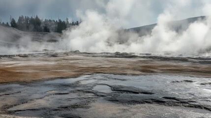 Geothermal landscape with steaming pools and mud flats.