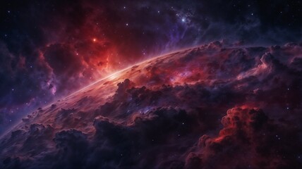 Obraz premium Deep space background with dark galaxy clouds and glowing nebula lights in red and purple tones, highly detailed, 4k sci-fi look