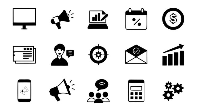 Flat vector remarketing icons set featuring analytics, conversion funnel, retargeting ad symbol, customer journey, and campaign optimization for digital advertising