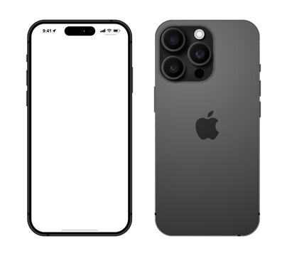 Mockup of iPhone 16 Pro Max in Black Titanium case with white blank screen on light background.