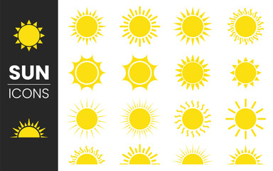 sun icon set,sunshine and sunrise or sunset. Decorative circle full and half sun and sunlight yellow sun vector sign.
