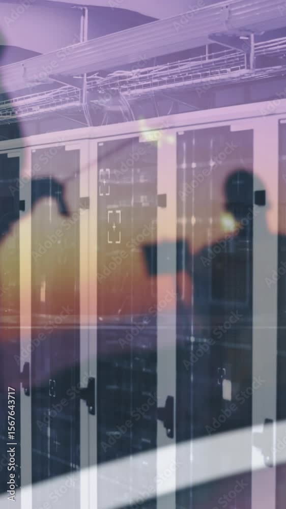 Poster animation of computer servers and data processing on screens