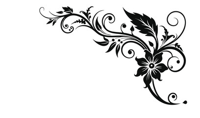 Elegant black swirl floral design element with flower and leaves on white background