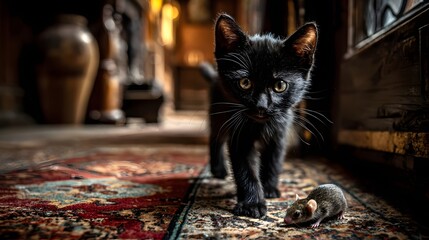 Adorable Black Kitten Staring Curiously at Mouse on Ornate Carpet Indoors perfect for pet-themed greeting cards, animal rescue promotion, children's book illustration and whimsical storytelling visual