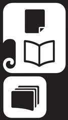 A black and white vector image featuring a single document, an open book, and a stack of papers, all within rounded-corner frames.