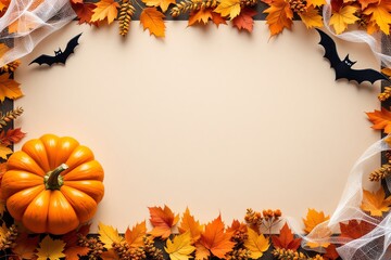 Autumn Halloween Frame with Pumpkin Bats Leaves and Empty Beige Space