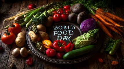 Fresh Organic Vegetables Surrounding World Food Day Plate on Rustic Table perfect for healthy food lifestyle promotions, educational nutrition materials and sustainable farming advertisements