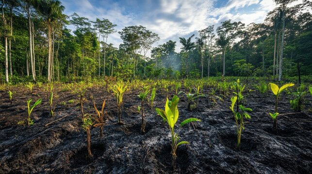 Burnt Amazon land with new plants amidst the charred earth and tall trees. Showcase deforestation issues and the potential for environmental renewal.