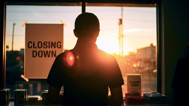 Person silhouetted against a sunset, observing a 'CLOSING DOWN' sign in a store window