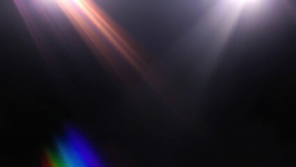 Obraz premium Blurred rainbow refraction overlay effect. Light lens prism effect on black background. Holographic reflection, crystal flare leak shadow overlay. Colorful rainbow disco ball light