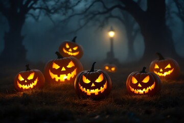 Eerie Glowing Pumpkins in Foggy Halloween Night Park Landscape