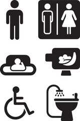 A black and white vector image featuring various universal facility signs: male, combined male/female, waiting area, baby changing, accessible, and bidet toilet.