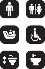 A set of six white vector icons on rounded black squares, representing public restroom signs including male, male/female, baby changing, accessible, and two types of sinks.