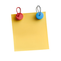 Yellow sticky note with red and blue pushpins blank reminder note