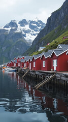 Norway Reine Village Lofoten Islands Red-Painted Rorbuer Cabins Along Waterfront