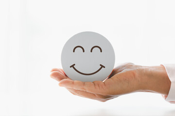 Client show feedback, smiley face sign. Service rating, satisfaction concept. happy smile face,...