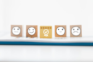 Customer showing rating with happy icon, Customer satisfaction survey concept, Positive feedback...