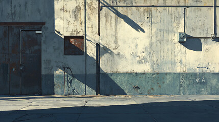 Industrial building facade with closed door window utility box aged wall concrete ground