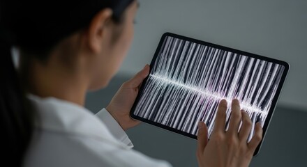 Asian female young adult analyzing soundwaves on tablet device in modern setting