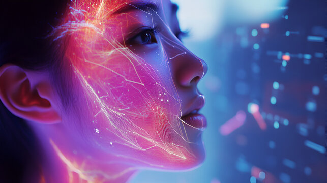 Profile of a woman with glowing pink skin and circuits blurred blue background