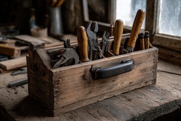 Wooden toolbox filled with vintage tools sits on a rustic workbench in a dimly lit workshop