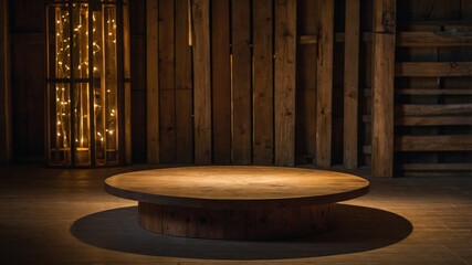 Rustic wooden table in warmly lit cozy cabin with string lights ambiance