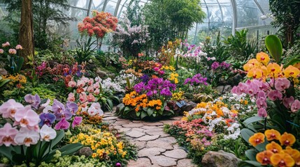 Colorful orchids and flowers in a greenhouse garden.
