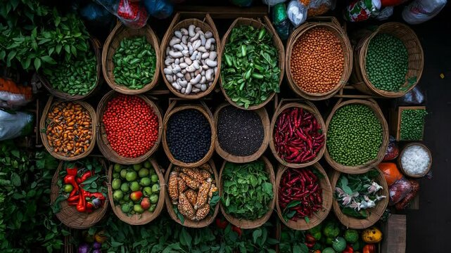 Vibrant market basket display: fresh herbs, beans, and spices in diverse patterns. Emancipation Day (Guyana)