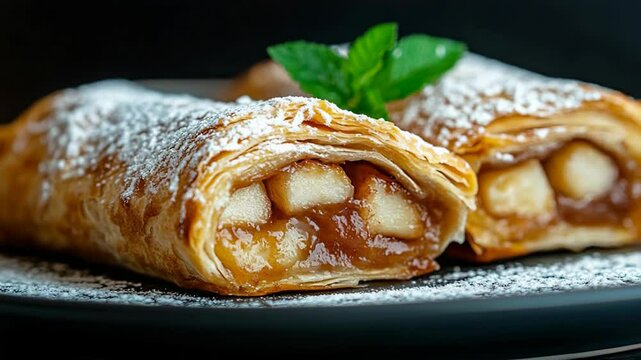 Freshly baked apple strudel with sprinkled sugar and mint garnish on black plate
