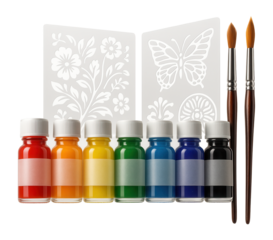 Bottle painting kits with glass paints, brushes, and stencils for decorating bottles in a home art studio.
