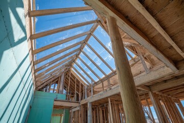 Obraz premium Interior of a house under construction, roof framing visible