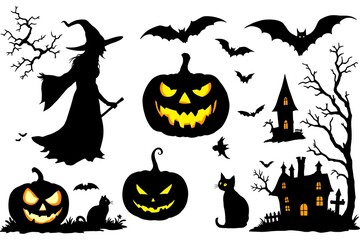 Spooky Halloween Silhouettes Witch Pumpkins Bats and Haunted Houses