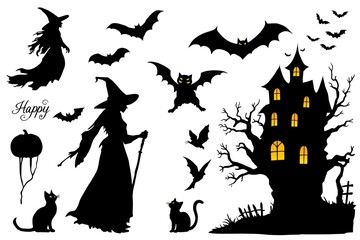 Spooky Halloween Silhouettes Witches Bats and Haunted House Design