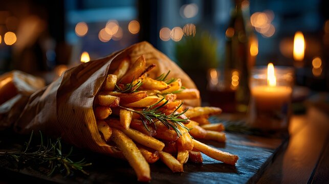 Crispy Golden French Fries in Paper Wrap on Wooden Table with Warm Festive Lights perfect for comfort food advertisements, fast food campaigns, restaurant menu designs and cozy dining visuals