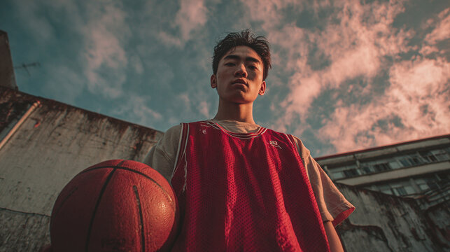 A low angle shot of a young man in a red basketball jersey holding a basketball outdoors