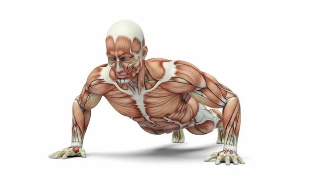 Anatomical male figure in a push-up pose, clearly displaying muscles and skeleton, symbolizing fitness, strength, and human body anatomy for health education