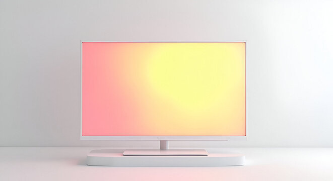 Modern white computer monitor with yellow and pink screen