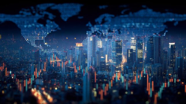Financial markets overlay a futuristic cityscape with a world map, representing global trading and investment opportunities.