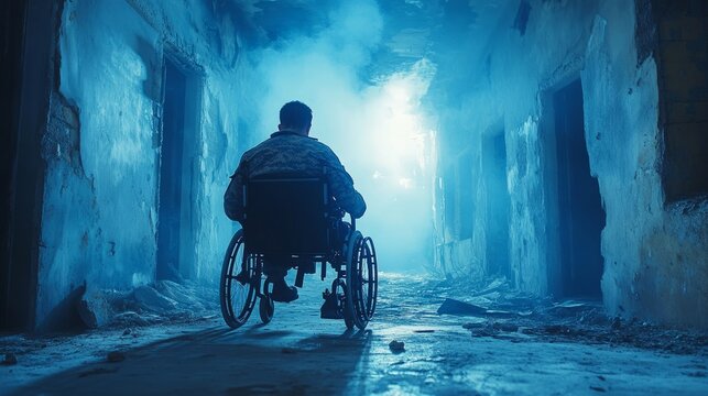 A lone figure in a wheelchair navigates a haunting, smoke-filled corridor, embodying perseverance amidst destruction
