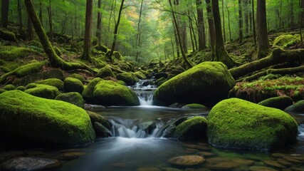 Serene forest stream with mosscovered rocks and lush greenery creating a peaceful natural atmosphere