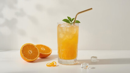 Fototapeta premium Refreshing Glass of Iced Orange Juice