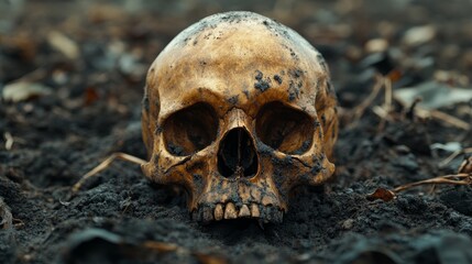 The relic of a skull emerges from the soil, telling silent tales of history during an archaeological dig