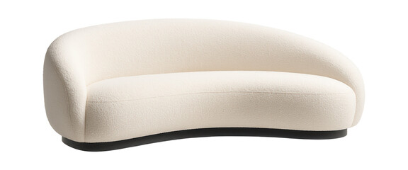 Low, curved sofa with a boucle texture, ideal for an artistic home gallery space.