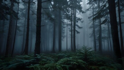 Fototapeta premium Dense fog rolling through a dark evergreen forest, moody atmosphere, grey-blue tones, cinematic background, no human presence