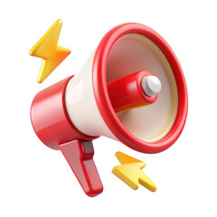 3d red and white megaphone with yellow lightning bolts isolated on transparent background