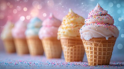 Vibrant ice cream cones with whipped cream and sprinkles against a magical pastel backdrop